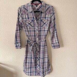 Tommy Hilfiger Button Down Blue Plaid Roll Tab Sleeve Waist Tie Shirtdress Med
